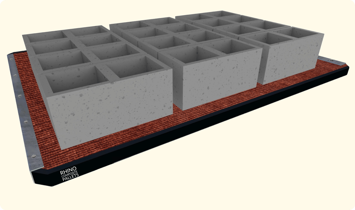 Concrete blocks with uniform height produced using Rhino Composite Pallets for block-making machines